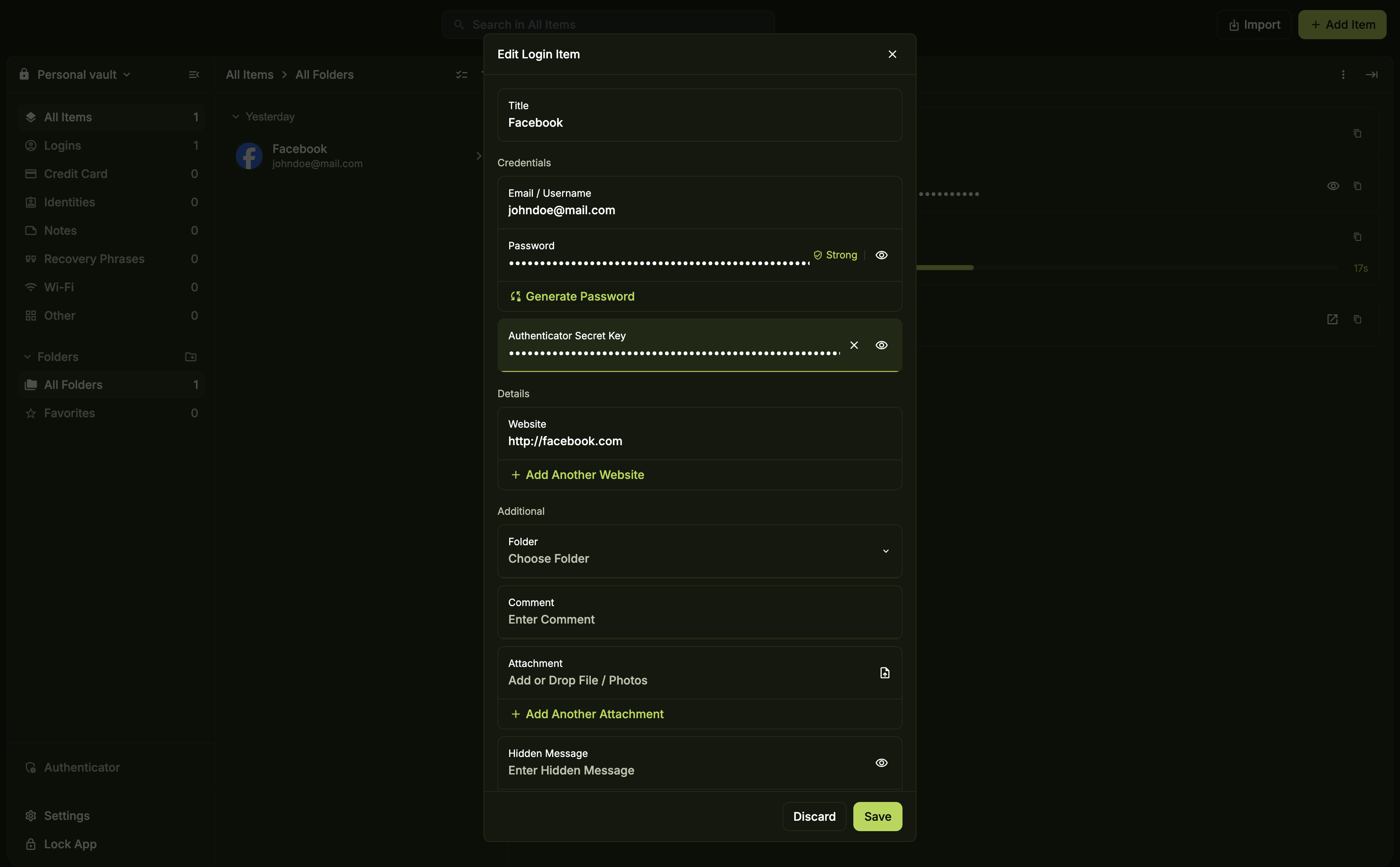Edit login item showing the X button next to the Authenticator Secret Key field on desktop