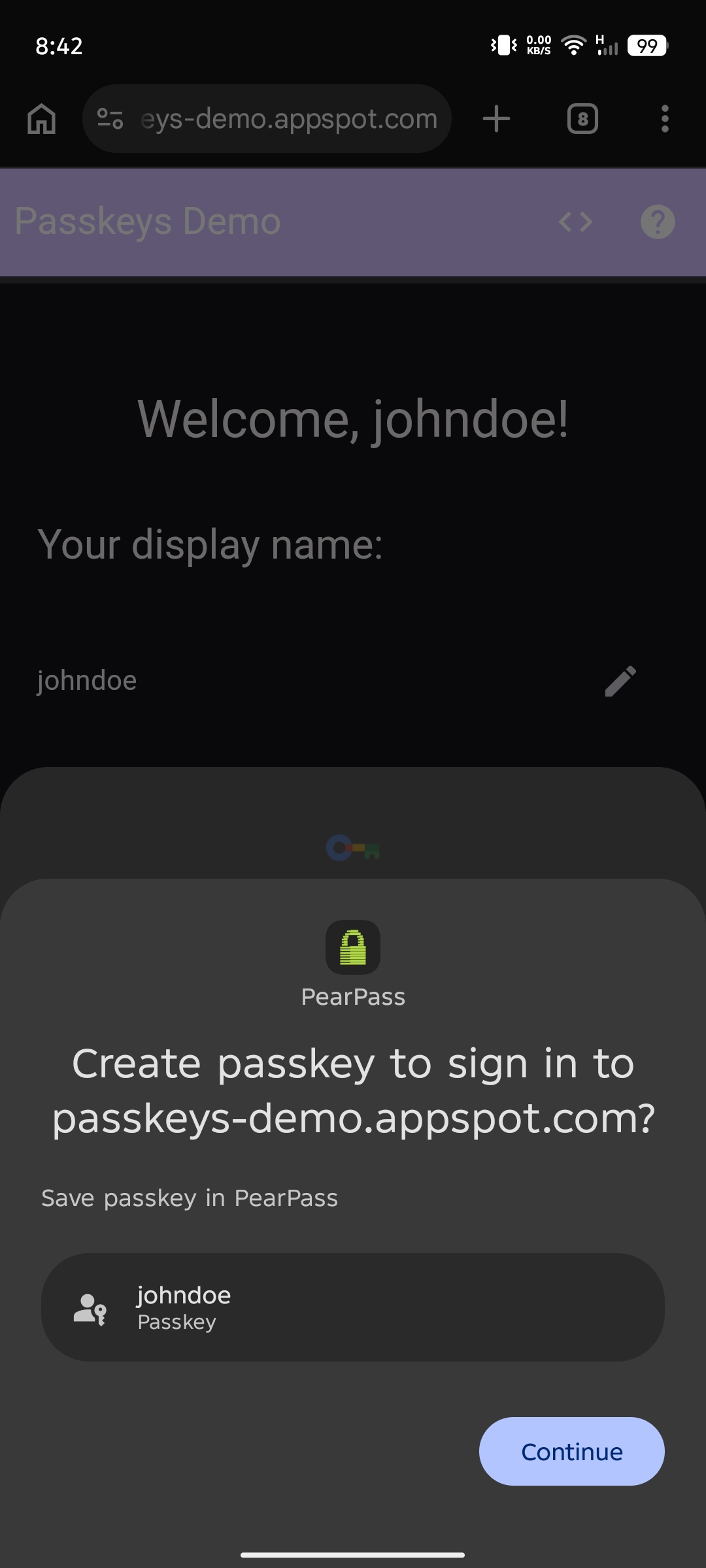 Start passkey creation